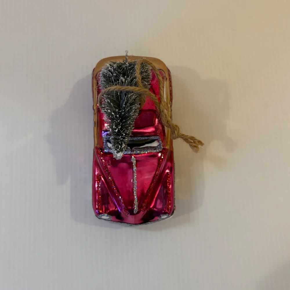 Pottery Barn Mercury Glass Woodie Car w/ Bottle Brush Tree Christmas Ornament